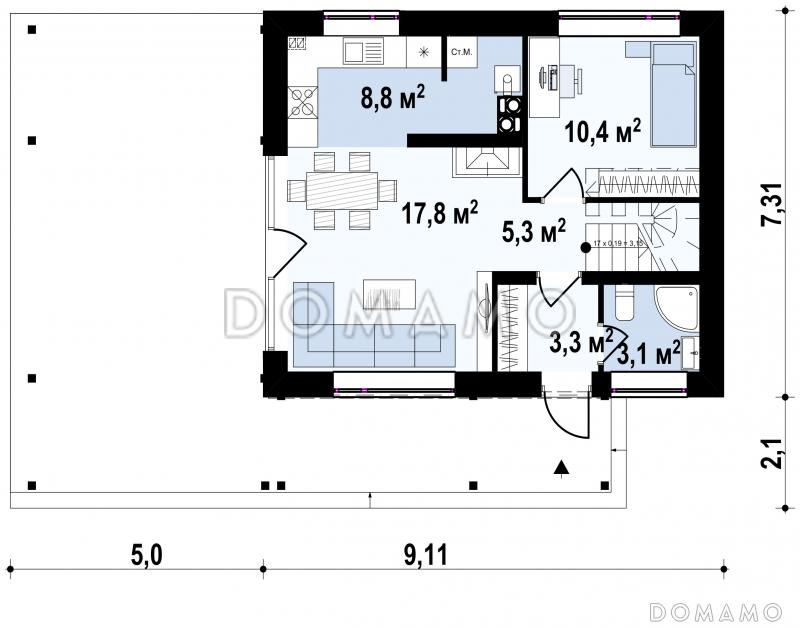 Проект компактного одноэтажного мансардного дома из кирпича с дополнительной спальней на первом этаже и большой крытой террасой / План 1 этажа