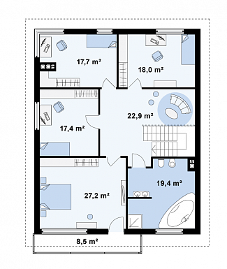 Проект большого двухэтажного дома из газобетона с цокольным этажом и подземным гаражом / План 2 этажа