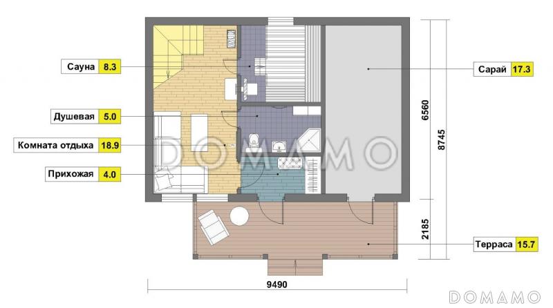 Проект каркасной бани с мансардным этажом / План 1 этажа