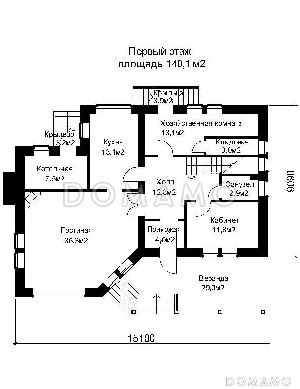 Проект коттеджа с четырьмя балконами / План 1 этажа