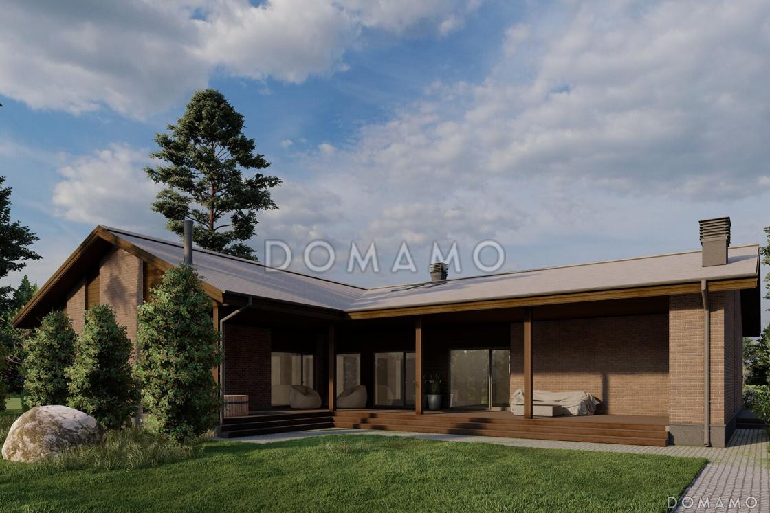 Проект кирпичного Г-образного дома с 3 спальнями, сауной и барбекю на террасе / 1