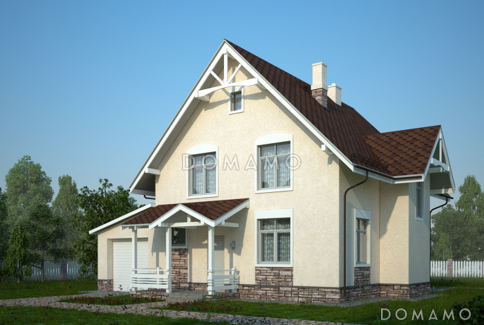 Проект бежевого оштукатуренного коттеджа с гаражом и эркером в гостиной Проект бежевого оштукатуренного коттеджа с гаражом и эркером в гостиной