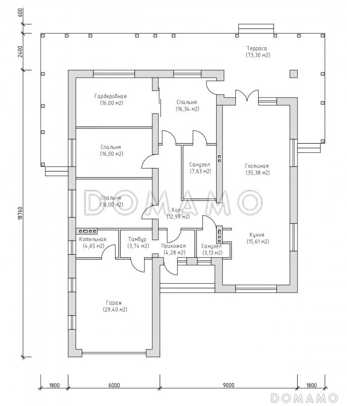 Проект большого одноэтажного дома со встроенным гаражом и большой террасой / План 1 этажа