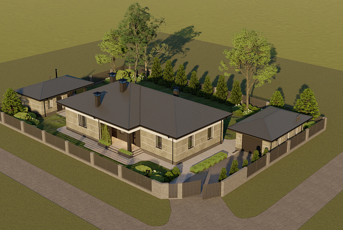 Проект одноэтажного газобетонного дома с двумя спальнями, гардеробными, кладовой на кухне и крытой террасой