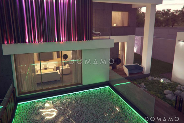 Проект современного двухэтажного дома из кирпича с дополнительной спальней на первом этаже и гаражом Проект современного двухэтажного дома из кирпича с дополнительной спальней на первом этаже и гаражом