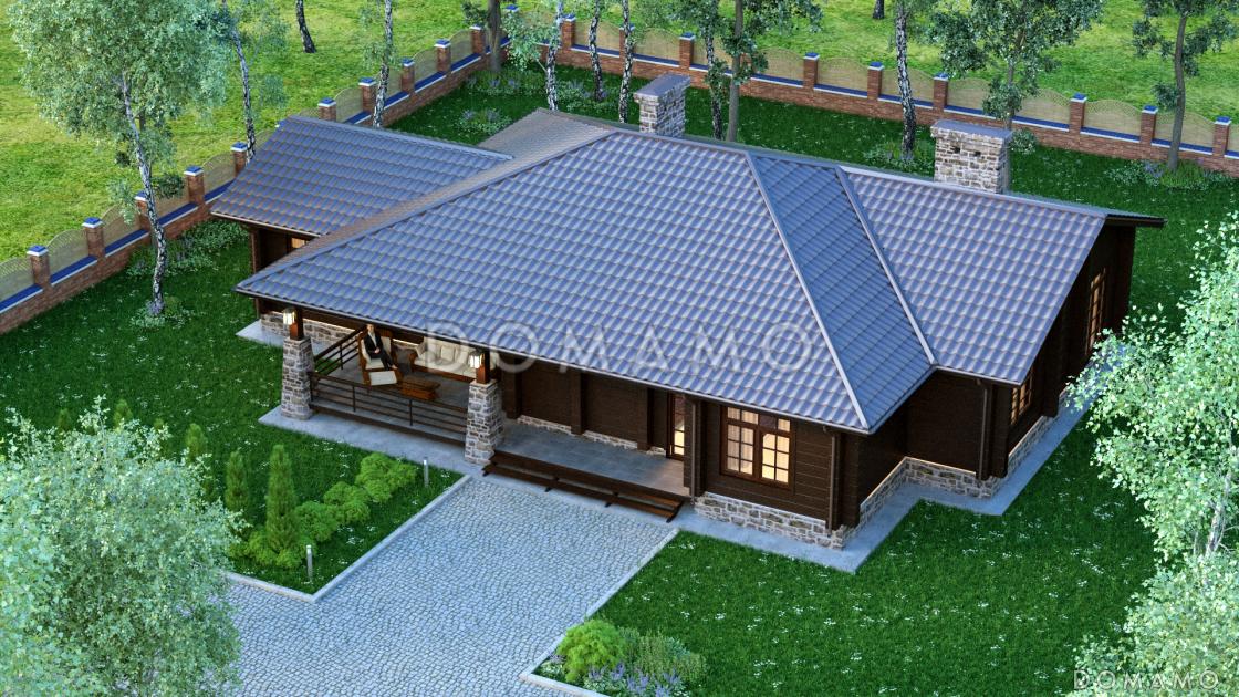 Проект одноэтажного дома с отделкой под брус и витражными окнами / 3