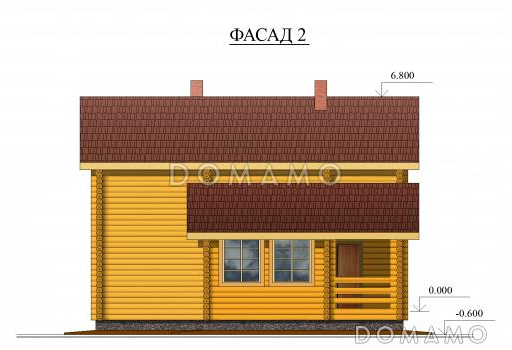 Проект компактного одноэтажного дома из оцилиндрованного бревна с мансардой / Фасад 2