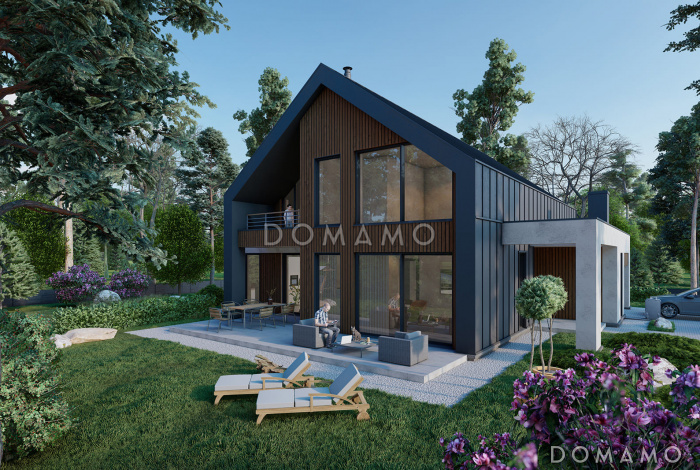 Проект дома в стиле барнхаус с гаражом, спортзалом и тремя спальнями