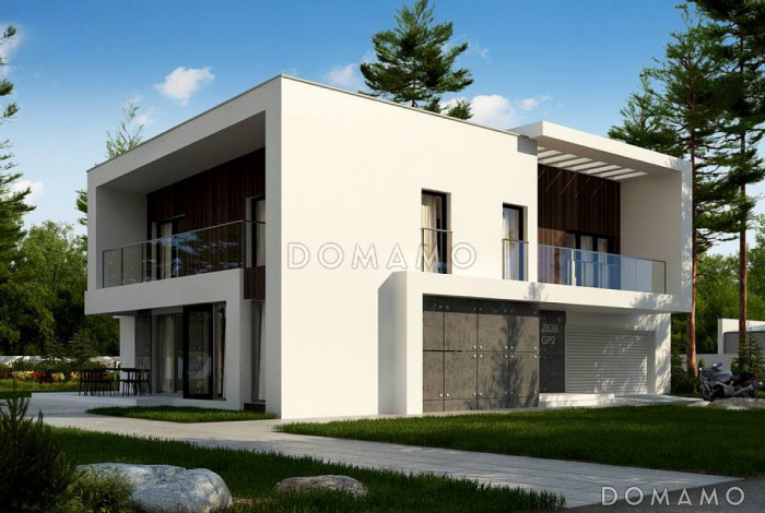 Проект просторного современного двухэтажного дома из газобетона, с пятью комнатами, большим гаражом и двумя лоджиями Проект просторного современного двухэтажного дома из газобетона, с пятью комнатами, большим гаражом и двумя лоджиями