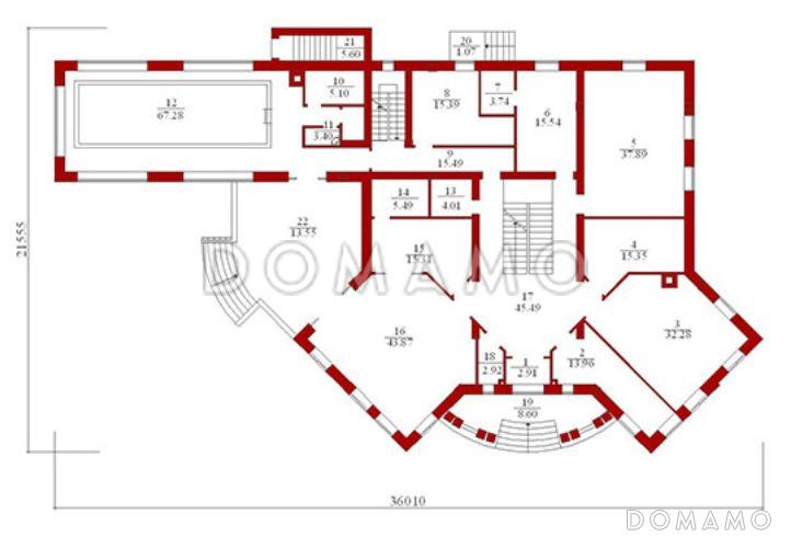 Проект двухэтажного особняка из кирпича с колоннами в классическом стиле / План 1 этажа