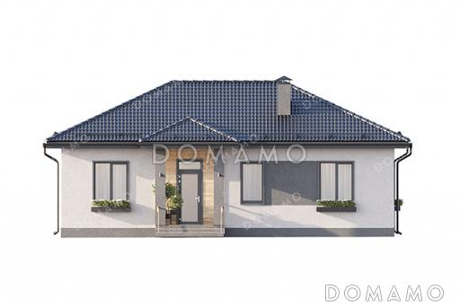 Проект компактного одноэтажного дома с общей вальмовой кровлей над входной группой и террасой и комбинированной отделкой фасада декоративной штукатуркой и планкеном / Фасад 4