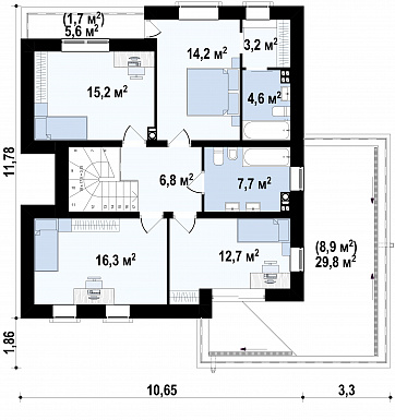 Проект современного двухэтажного дома из кирпича с плоской крышей,  с четырьмя спальнями, кабинетом и гаражом / План 2 этажа Проект современного двухэтажного дома из кирпича с плоской крышей,  с четырьмя спальнями, кабинетом и гаражом / План 2 этажа