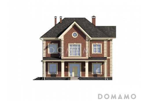 Проект загородного дома с террасами, кабинетом винтовой лестницей на мансарду, большой хозяйской спальней / Фасад 1