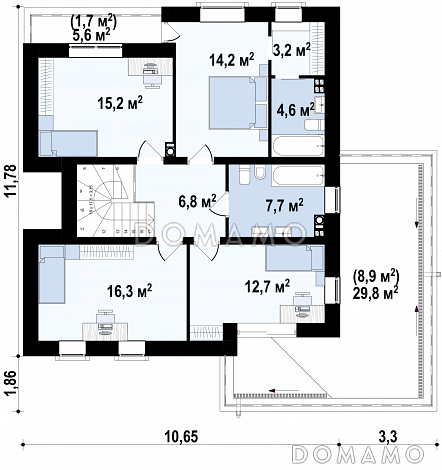 Проект современного двухэтажного дома из кирпича с плоской крышей,  с четырьмя спальнями, кабинетом и гаражом / План 2 этажа Проект современного двухэтажного дома из кирпича с плоской крышей,  с четырьмя спальнями, кабинетом и гаражом / План 2 этажа