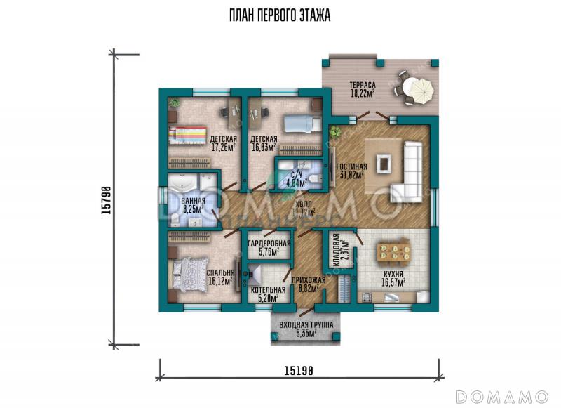 Проект одноэтажного дома с крыльцом и террасой / План 1 этажа