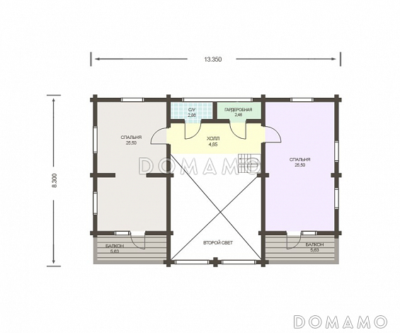 Проект двухэтажного дома из клееного бруса общей площадью более 200 м. кв. / План 2 этажа Проект двухэтажного дома из клееного бруса общей площадью более 200 м. кв. / План 2 этажа