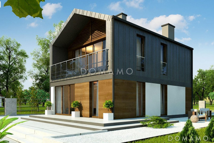 Проект компактного одноэтажного мансардного дома из кирпича с тремя спальнями, кабинетом и террасой на втором этаже Проект компактного одноэтажного мансардного дома из кирпича с тремя спальнями, кабинетом и террасой на втором этаже