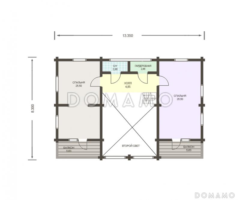 Проект двухэтажного дома из клееного бруса общей площадью более 200 м. кв. / План 2 этажа Проект двухэтажного дома из клееного бруса общей площадью более 200 м. кв. / План 2 этажа