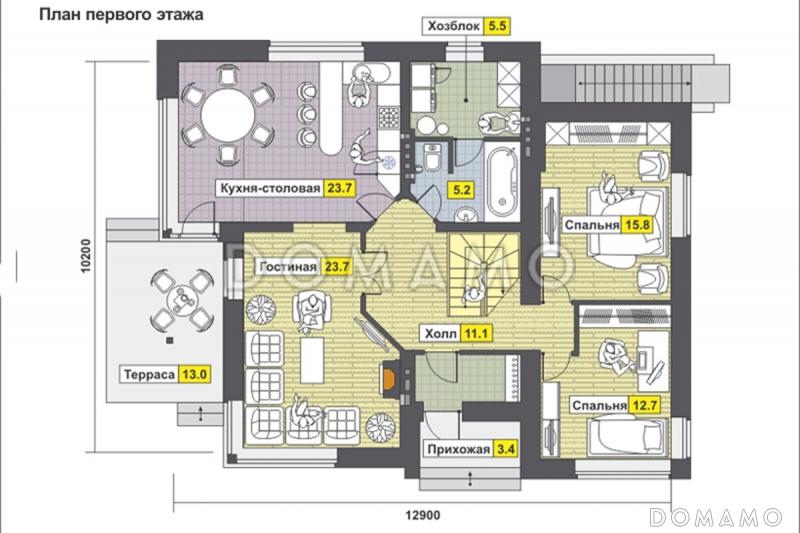 Проект светлого дома с бильярдной и спортзалом в цокольном этаже,  длинным балконом,  панорамными окнами в спальне на мансарде / План 1 этажа