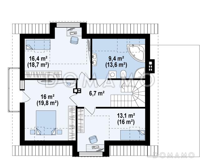 Проект одноэтажного мансардного дома из газобетона с остеклённым прямоугольным эркером, панорамными окнами на мансарде и гаражом  / План мансардного этажа