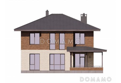 Проект двухэтажного дома из газобетона с мастер-спальней, комнатой на первом этаже и крытой террасой / Фасад 3