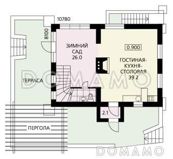 Проект дома из кирпича с зимним садом и небольшим подвальным помещением / План 1 этажа