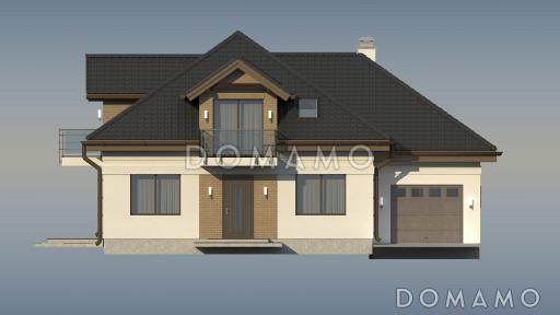 Проект одноэтажного мансардного дома из кирпича с кабинетом, гаражом и тремя балконами / Фасад 1