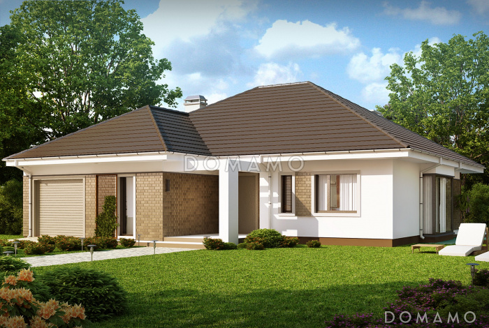 Проект одноэтажного дома из кирпича со стеклянным эркером в столовой зоне, четырьмя спальнями и гаражом Проект одноэтажного дома из кирпича со стеклянным эркером в столовой зоне, четырьмя спальнями и гаражом