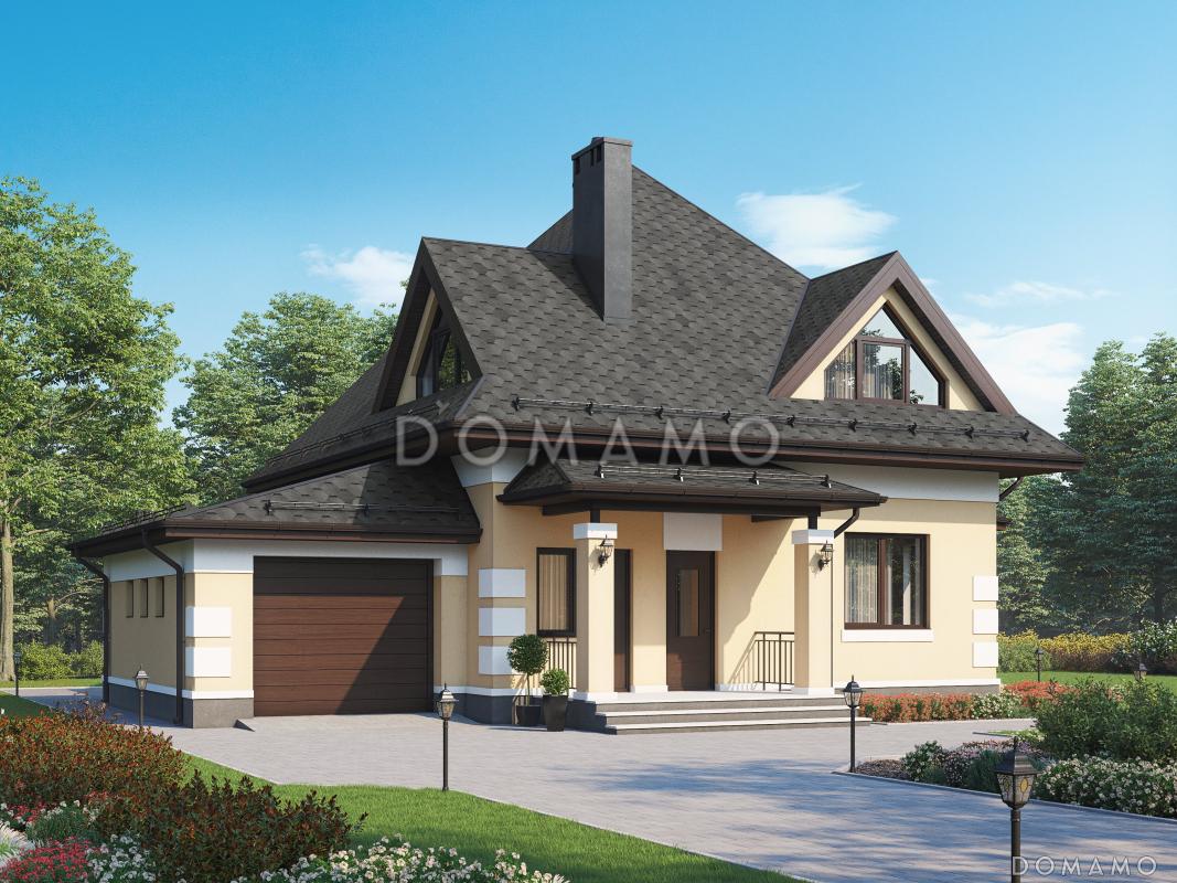 Проект одноэтажного газобетонного дома с мансардой, гаражом и террасой / 1