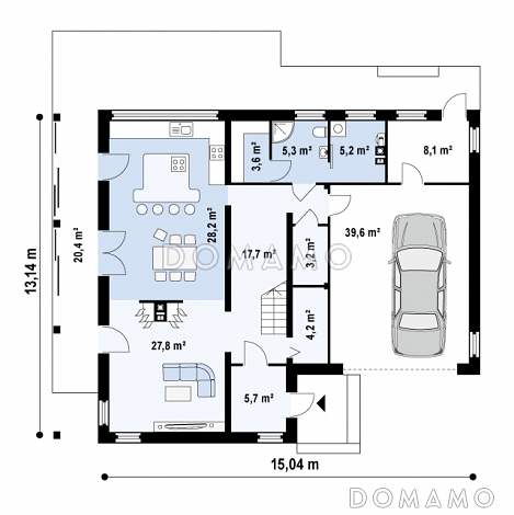 Проект современного двухэтажного дома с плоской крышей из кирпича с четырьмя спальнями, гаражом и просторной террасой над ним / План 1 этажа Проект современного двухэтажного дома с плоской крышей из кирпича с четырьмя спальнями, гаражом и просторной террасой над ним / План 1 этажа