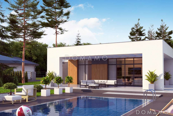 Проект современного одноэтажного дома из кирпича с плоской крышей, с четырьмя комнатами и одноместным гаражом Проект современного одноэтажного дома из кирпича с плоской крышей, с четырьмя комнатами и одноместным гаражом