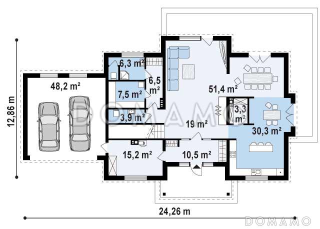 Проект большого двухэтажного дома из газобетона с четырьмя спальнями, гаражом, сауной и просторной дневной зоной / План 1 этажа