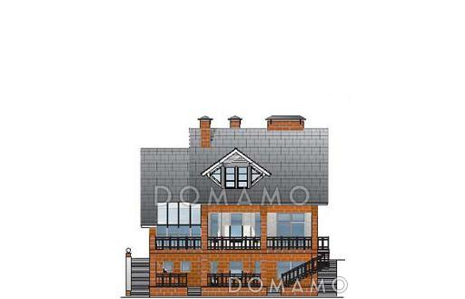 Проект комфортабельного дома с цокольным этажом, просторной террасой, гаражом для одной машины / Фасад 2