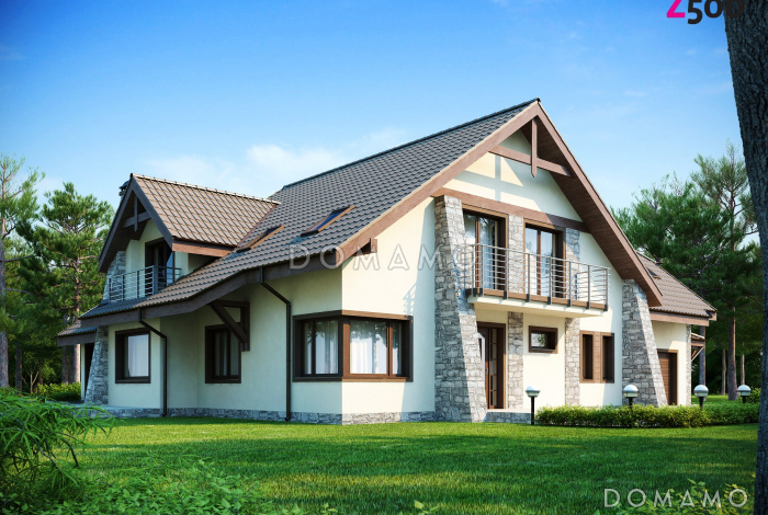 Проект просторного одноэтажного мансардного дома из газобетона с пятью комнатами, балконом и гаражом