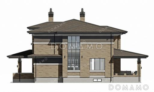 Проект большого двухэтажного дома с подвалом в стиле Райт с комбинированной отделкой и широкой кровлей / Фасад 4