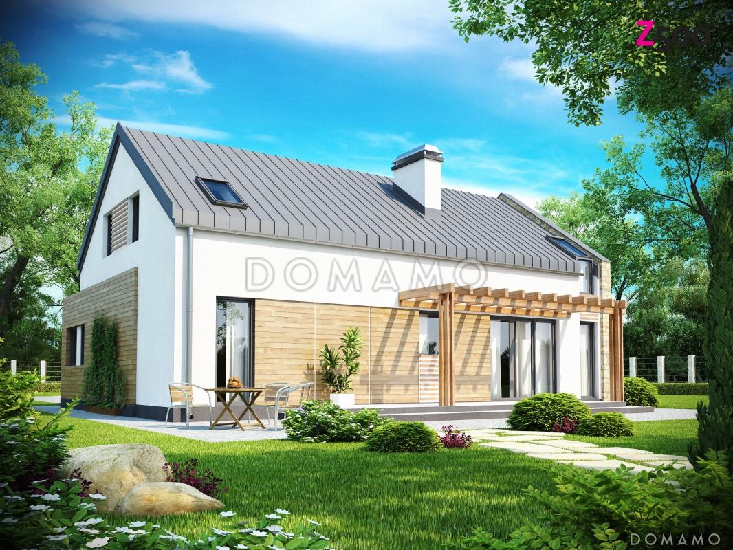 Проект современного мансардного дома из кирпича с пятью комнатами и гаражом / 1