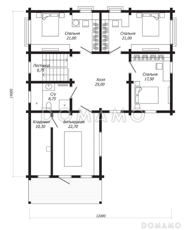 Проект дома из клееного бруса с тремя спальнями с французскими балконами, бильярдной и кладовой / План 2 этажа Проект дома из клееного бруса с тремя спальнями с французскими балконами, бильярдной и кладовой / План 2 этажа