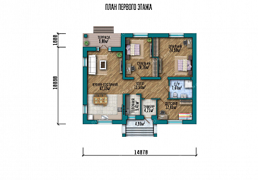 Проект одноэтажного дома с тремя спальнями и террасой / План 1 этажа Проект одноэтажного дома с тремя спальнями и террасой / План 1 этажа