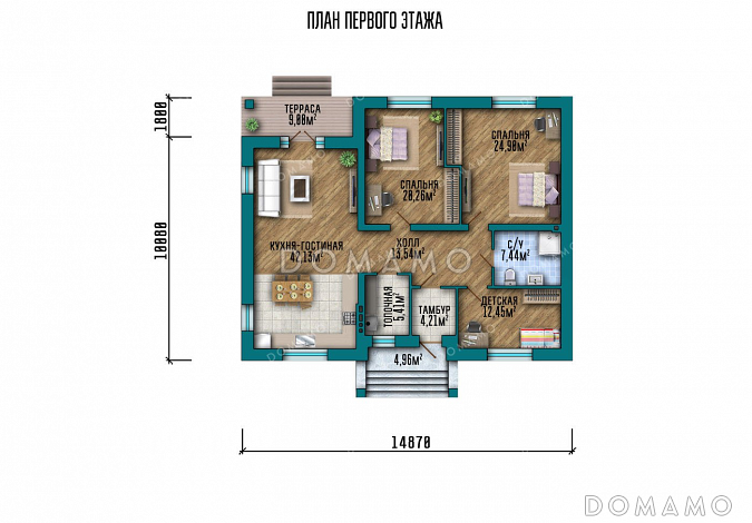 Проект одноэтажного дома с тремя спальнями и террасой / План 1 этажа Проект одноэтажного дома с тремя спальнями и террасой / План 1 этажа