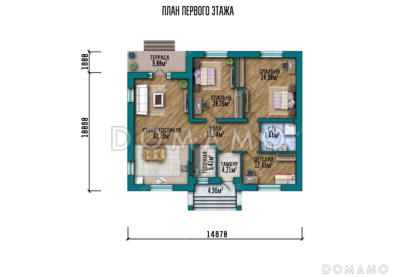 Проект одноэтажного дома с тремя спальнями и террасой / План 1 этажа