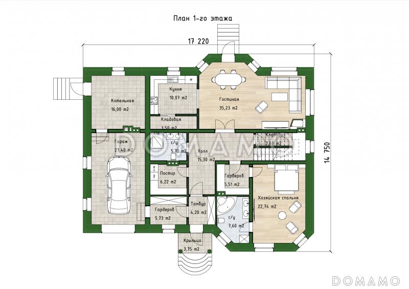 Проект кирпичного дома с 2 эркерами, 5 спальнями и гостиной с камином / План 1 этажа