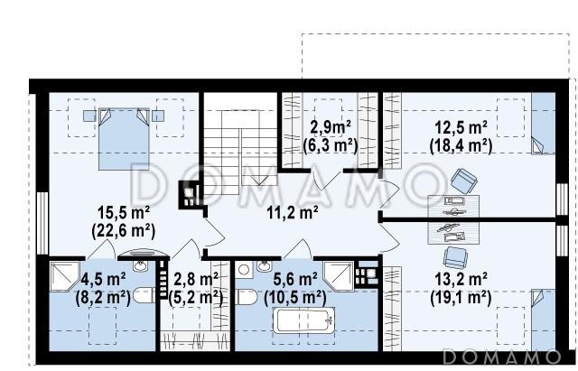 Проект современного одноэтажного мансардного дома из газобетона с общим входом для двух семей / План мансардного этажа