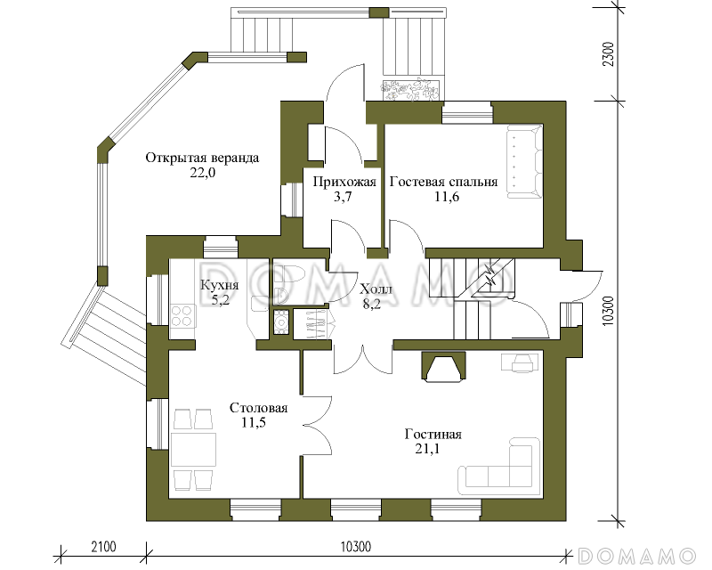 Проект коттеджа спокойных очертаний с остекленной террасой и большим подвалом / План 1 этажа