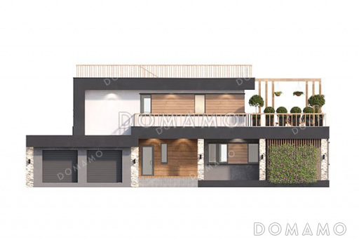 Проект двухэтажного дома с бассейном и гаражом на два автомобиля / Фасад 1