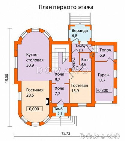 Проект кирпичного дома с эркером в виде полубашенки на главном фасаде / План 1 этажа
