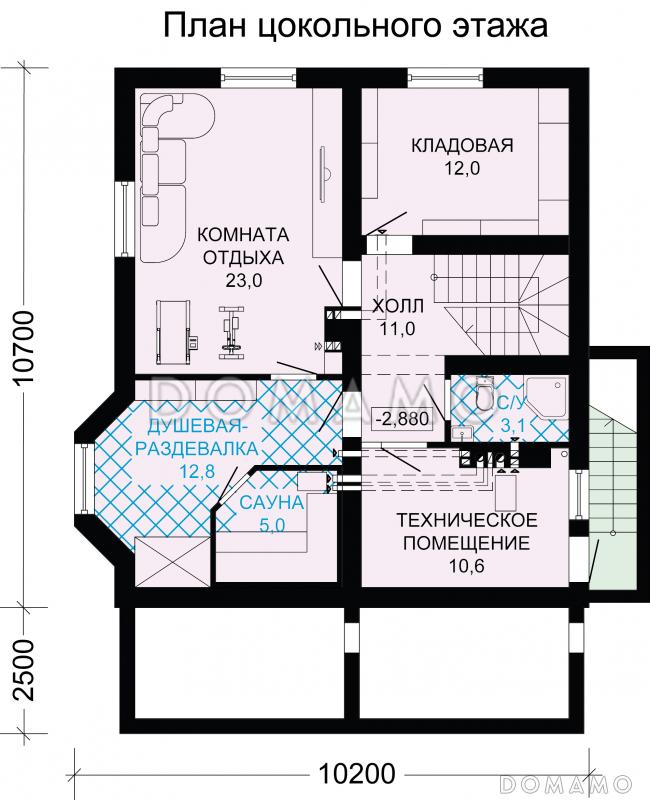 Проект дома из бруса с сауной и просторной комнатой отдыха на цокольном этаже / План цокольного этажа