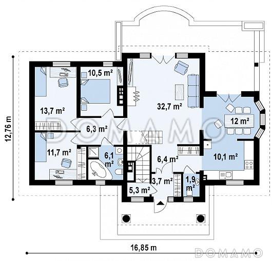 Проект одноэтажного дома из кирпича с цокольным этажом и со свободной планировкой на мансардном этаже / План 1 этажа