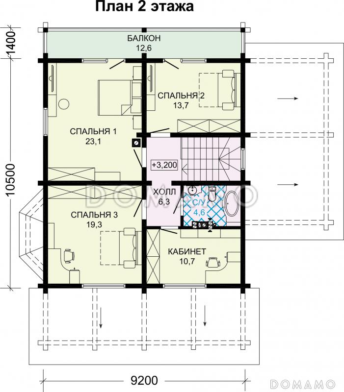 Проект двухэтажного деревянного дома с двумя террасами и гаражом на 1 автомобиль / План 2 этажа