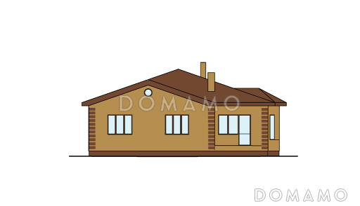 Проект одноэтажного дома с эркером в гостиной, крытой террасой с камином, большой кладовой с окном / Фасад 2