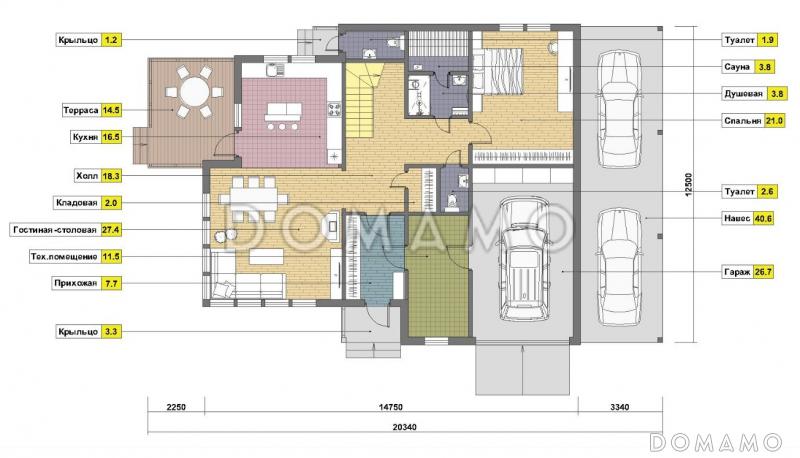 Проект каркасного дома с местом для трех авто / План 1 этажа